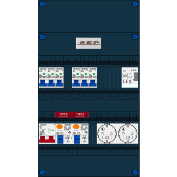 Schotman Elektro B.V. - SEP FS63A, 1xHoofdschakelaar, 2xAardlekschakelaar-Type B, 6xInstallatieautomaat, 1xBeltrafo, 2xContactdoos, 1 Fase