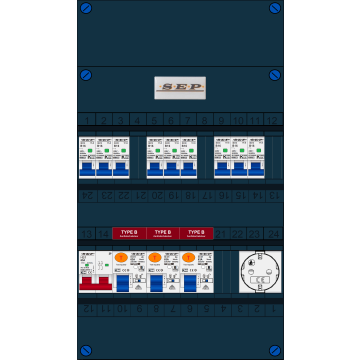 Schotman Elektro B.V. - SEP FS63A, 1xHoofdschakelaar, 3xAardlekschakelaar-Type B, 9xInstallatieautomaat, 1xContactdoos, 1 Fase