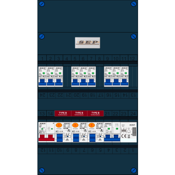Schotman Elektro B.V. - SEP FS63A, 1xHoofdschakelaar, 3xAardlekschakelaar-Type B, 9xInstallatieautomaat, 1xFornuisgroep, 1xBeltrafo, 1 Fase