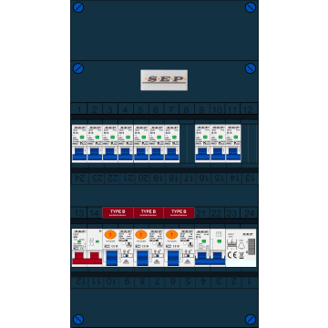 Schotman Elektro B.V. - SEP FS63A, 1xHoofdschakelaar, 3xAardlekschakelaar-Type B, 10xInstallatieautomaat, 1xFornuisgroep, 1xBeltrafo, 1 Fase