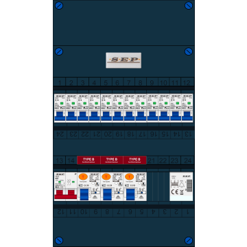 Schotman Elektro B.V. - SEP FS63A, 1xHoofdschakelaar, 3xAardlekschakelaar-Type B, 12xInstallatieautomaat, 1xBeltrafo, 1 Fase