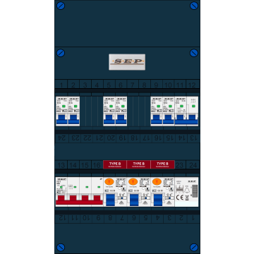 Schotman Elektro B.V. - SEP FS63A, 1xHoofdschakelaar, 3xAardlekschakelaar-Type B, 6xInstallatieautomaat, 1xFornuisgroep, 1xBeltrafo, 3 Fase