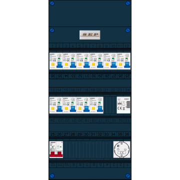 Schotman Elektro B.V. - SEP FS63A, 1xHoofdschakelaar, 10xAardlekautomaat, 1xBeltrafo, 1xContactdoos, 1 Fase