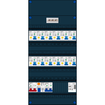 Schotman Elektro B.V. - SEP FS63A, 1xHoofdschakelaar, 12xAardlekautomaat, 1xAls+Fornuisgroep, 1xBeltrafo, 1 Fase 