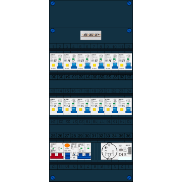 Schotman Elektro B.V. - SEP FS63A, 1xHoofdschakelaar, 12xAardlekautomaat, 1xAls+Fornuisgroep, 1xBeltrafo, 1xContactdoos, 1 Fase 