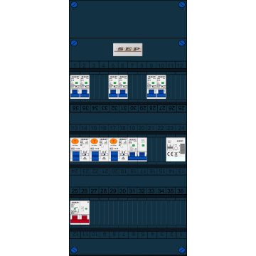 Schotman Elektro B.V. - SEP FS63A, 1xHoofdschakelaar, 3xAardlekschakelaar, 6xInstallatieautomaat, 1xFornuisgroep, 1xBeltrafo, 1 Fase