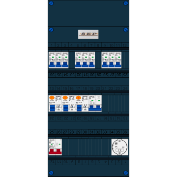 Schotman Elektro B.V. - SEP FS63A, 1xHoofdschakelaar, 3xAardlekschakelaar, 9xInstallatieautomaat, 1xFornuisgroep, 1xContactdoos, 1 Fase