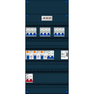 Schotman Elektro B.V. - SEP FS63A, 1xHoofdschakelaar, 3xAardlekschakelaar, 9xInstallatieautomaat, 1xFornuisgroep, 1xBeltrafo, 1 Fase