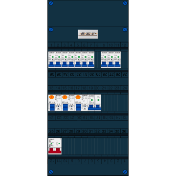 Schotman Elektro B.V. - SEP FS63A, 1xHoofdschakelaar, 3xAardlekschakelaar, 10xInstallatieautomaat, 1xFornuisgroep, 1 Fase