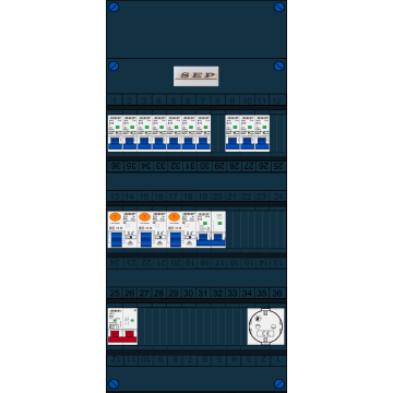 Schotman Elektro B.V. - SEP FS63A, 1xHoofdschakelaar, 3xAardlekschakelaar, 10xInstallatieautomaat, 1xFornuisgroep, 1xContactdoos, 1 Fase