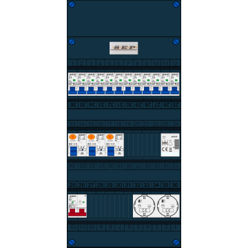 Schotman Elektro B.V. - SEP FS63A, 1xHoofdschakelaar, 3xAardlekschakelaar, 12xInstallatieautomaat, 1xFornuisgroep, 1xBeltrafo, 2xContactdoos, 1 Fase