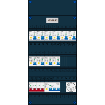 Schotman Elektro B.V. - SEP FS63A, 1xHoofdschakelaar, 10xAardlekautomaat, 1xKracht aardlekautomaat, 1xContactdoos, 3 Fase