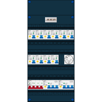 Schotman Elektro B.V. - SEP FS63A, 1xHoofdschakelaar, 10xAardlekautomaat, 2xKracht aardlekautomaat, 1xContactdoos, 3 Fase