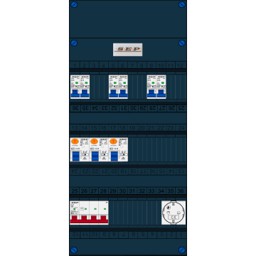 Schotman Elektro B.V. - SEP FS63A, 1xHoofdschakelaar, 3xAardlekschakelaar, 6xInstallatieautomaat, 1xContactdoos, 3 Fase