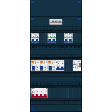 Schotman Elektro B.V. - SEP FS63A, 1xHoofdschakelaar, 3xAardlekschakelaar, 6xInstallatieautomaat, 1xFornuisgroep, 1xBeltrafo, 3 Fase
