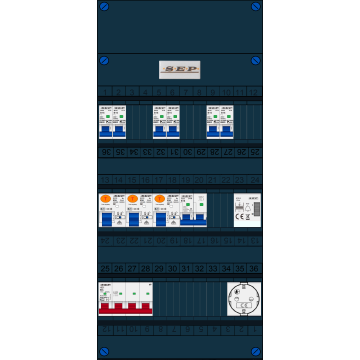 Schotman Elektro B.V. - SEP FS63A, 1xHoofdschakelaar, 3xAardlekschakelaar, 6xInstallatieautomaat, 1xFornuisgroep, 1xBeltrafo, 1xContactdoos, 3 Fase