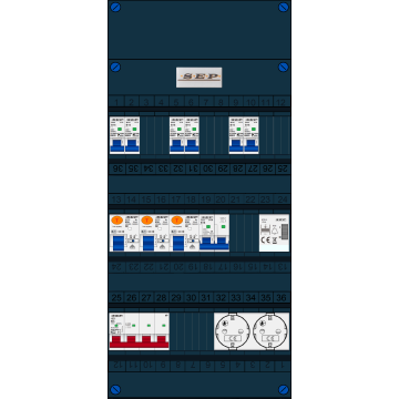 Schotman Elektro B.V. - SEP FS63A, 1xHoofdschakelaar, 3xAardlekschakelaar, 6xInstallatieautomaat, 1xFornuisgroep, 1xBeltrafo, 2xContactdoos, 3 Fase