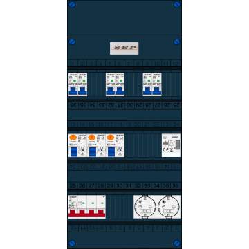 Schotman Elektro B.V. - SEP FS63A, 1xHoofdschakelaar, 3xAardlekschakelaar, 6xInstallatieautomaat, 1xBeltrafo, 2xContactdoos ,3 Fase
