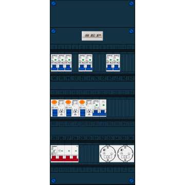 Schotman Elektro B.V. - SEP FS63A, 1xHoofdschakelaar, 3xAardlekschakelaar, 7xInstallatieautomaat, 1xFornuisgroep, 2xContactdoos, 3 Fase