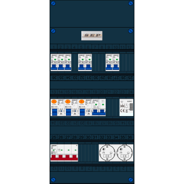 Schotman Elektro B.V. - SEP FS63A, 1xHoofdschakelaar, 3xAardlekschakelaar, 7xInstallatieautomaat, 1xFornuisgroep, 1xBeltrafo, 2xContactdoos, 3 Fase