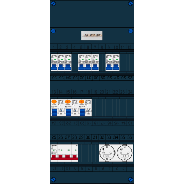 Schotman Elektro B.V. - SEP FS63A, 1xHoofdschakelaar, 3xAardlekschakelaar, 8xInstallatieautomaat, 2xContactdoos, 3 Fase