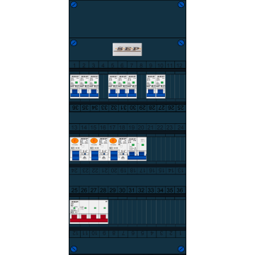 Schotman Elektro B.V. - SEP FS63A, 1xHoofdschakelaar, 3xAardlekschakelaar, 8xInstallatieautomaat, 1xFornuisgroep, 3 Fase
