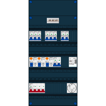 Schotman Elektro B.V. - SEP FS63A, 1xHoofdschakelaar, 3xAardlekschakelaar, 8xInstallatieautomaat, 1xFornuisgroep, 1xBeltrafo, 1xContactdoos, 3 Fase