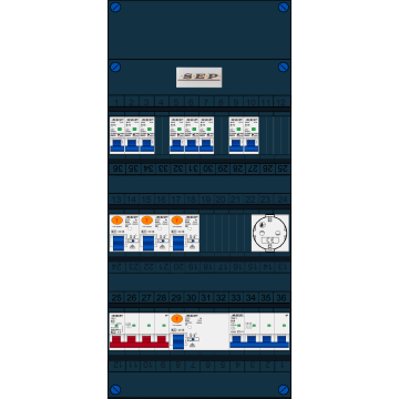 Schotman Elektro B.V. - SEP FS63A, 1xHoofdschakelaar, 3xAardlekschakelaar, 8xInstallatieautomaat, 1xkracht installatieautomaat, 1xContactdoos, 3 Fase
