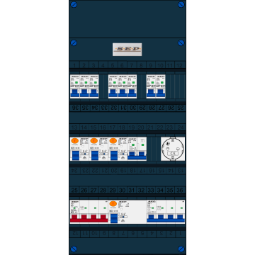 Schotman Elektro B.V. - SEP FS63A, 1xHoofdschakelaar, 3xAardlekschakelaar, 8xInstallatieautomaat, 1xkracht installatieautomaat, 1xFornuisgroep, 1xContactdoos, 3 Fase