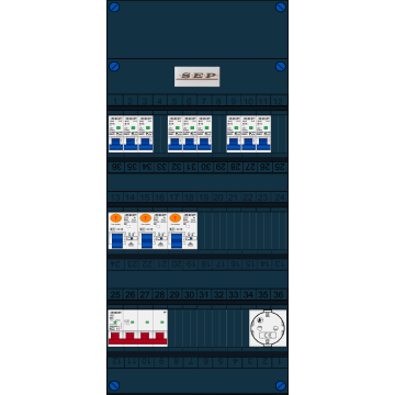 Schotman Elektro B.V. - SEP FS63A, 1xHoofdschakelaar, 3xAardlekschakelaar, 9xInstallatieautomaat, 1xContactdoos, 3 Fase