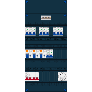 Schotman Elektro B.V. - SEP FS63A, 1xHoofdschakelaar, 3xAardlekschakelaar, 9xInstallatieautomaat, 1xFornuisgroep, 1xContactdoos, 3 Fase