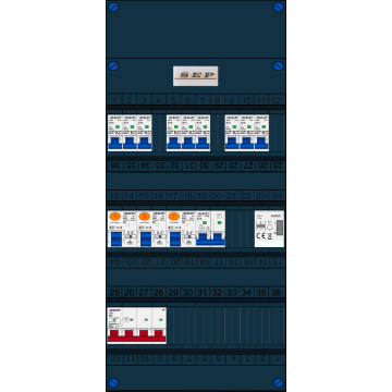 Schotman Elektro B.V. - SEP FS63A, 1xHoofdschakelaar, 3xAardlekschakelaar, 9xInstallatieautomaat, 1xFornuisgroep, 1xBeltrafo, 3 Fase