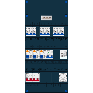 Schotman Elektro B.V. - SEP FS63A, 1xHoofdschakelaar, 3xAardlekschakelaar, 9xInstallatieautomaat, 1xFornuisgroep, 1xBeltrafo, 1xContactdoos, 3 Fase
