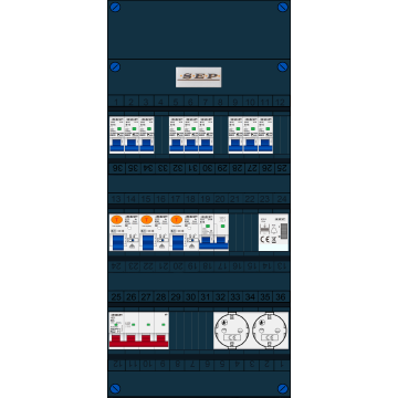 Schotman Elektro B.V. - SEP FS63A, 1xHoofdschakelaar, 3xAardlekschakelaar, 9xInstallatieautomaat, 1xFornuisgroep, 1xBeltrafo, 2xContactdoos, 3 Fase