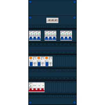 Schotman Elektro B.V. - SEP FS63A, 1xHoofdschakelaar, 3xAardlekschakelaar, 9xInstallatieautomaat, 3 Fase