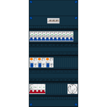 Schotman Elektro B.V. - SEP FS63A, 1xHoofdschakelaar, 3xAardlekschakelaar, 11xInstallatieautomaat, 1xContactdoos, 3 Fase