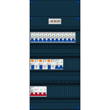Schotman Elektro B.V. - SEP FS63A, 1xHoofdschakelaar, 3xAardlekschakelaar, 11xInstallatieautomaat, 1xFornuisgroep, 3 Fase