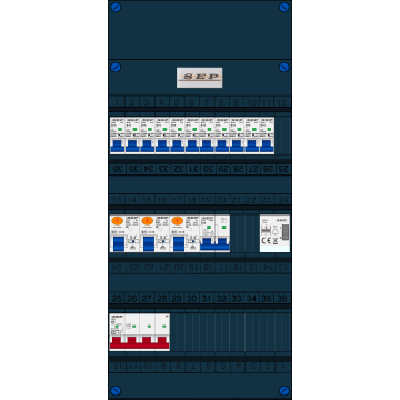 Schotman Elektro B.V. - SEP FS63A, 1xHoofdschakelaar, 3xAardlekschakelaar, 11xInstallatieautomaat, 1xFornuisgroep, 1xBeltrafo, 3 Fase