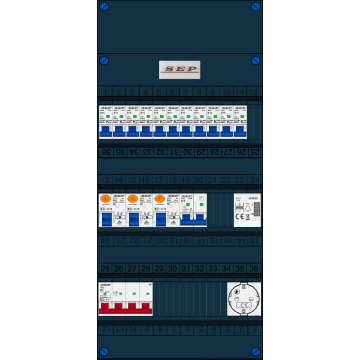 Schotman Elektro B.V. - SEP FS63A, 1xHoofdschakelaar, 3xAardlekschakelaar, 11xInstallatieautomaat, 1xFornuisgroep, 1xBeltrafo, 1xContactdoos, 3 Fase