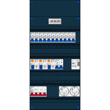 Schotman Elektro B.V. - SEP FS63A, 1xHoofdschakelaar, 3xAardlekschakelaar, 11xInstallatieautomaat, 1xFornuisgroep, 1xBeltrafo, 2xContactdoos, 3 Fase