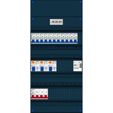Schotman Elektro B.V. - SEP FS63A, 1xHoofdschakelaar, 3xAardlekschakelaar, 11xInstallatieautomaat, 1xBeltrafo, 3 Fase
