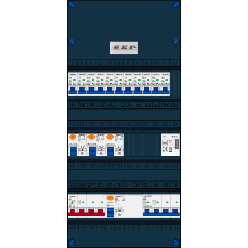 Schotman Elektro B.V. - SEP FS63A, 1xHoofdschakelaar, 3xAardlekschakelaar, 11xInstallatieautomaat, 1xkracht installatieautomaat, 1xBeltrafo, 3 Fase