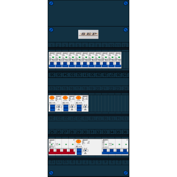 Schotman Elektro B.V. - SEP FS63A, 1xHoofdschakelaar, 3xAardlekschakelaar, 11xInstallatieautomaat, 1xkracht installatieautomaat, 3 Fase