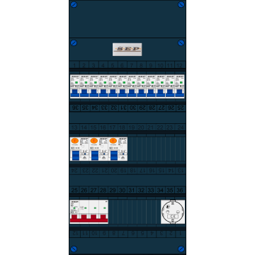 Schotman Elektro B.V. - SEP FS63A, 1xHoofdschakelaar, 3xAardlekschakelaar, 12xInstallatieautomaat, 1xContactdoos, 3 Fase