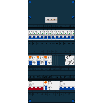 Schotman Elektro B.V. - SEP FS63A, 1xHoofdschakelaar, 3xAardlekschakelaar, 12xInstallatieautomaat, 1xkracht installatieautomaat, 1xContactdoos, 3 Fase