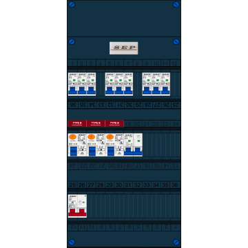 Schotman Elektro B.V. - SEP FS63A, 1xHoofdschakelaar, 3xAardlekschakelaar-Type B, 9xInstallatieautomaat, 1xFornuisgroep, 1 Fase