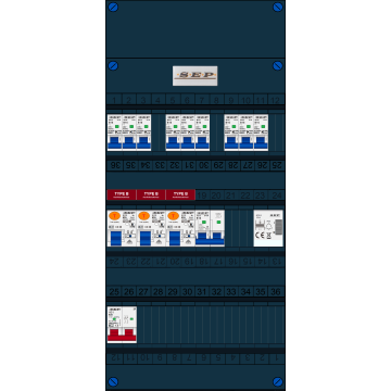 Schotman Elektro B.V. - SEP FS63A, 1xHoofdschakelaar, 3xAardlekschakelaar-Type B, 9xInstallatieautomaat, 1xFornuisgroep, 1xBeltrafo, 1 Fase