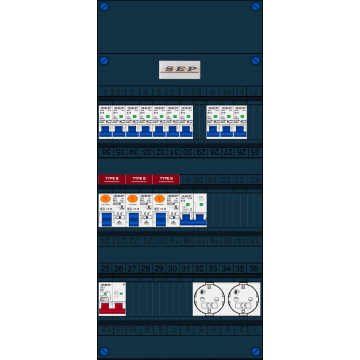 Schotman Elektro B.V. - SEP FS63A, 1xHoofdschakelaar, 3xAardlekschakelaar-Type B, 10xInstallatieautomaat, 1xFornuisgroep, 2xContactdoos, 1 Fase