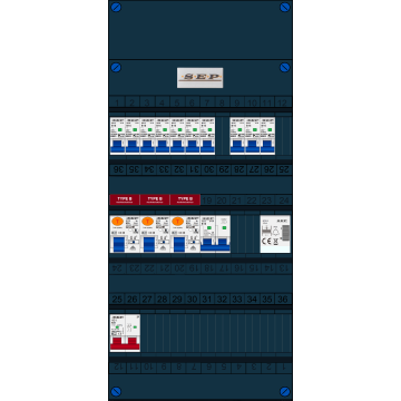 Schotman Elektro B.V. - SEP FS63A, 1xHoofdschakelaar, 3xAardlekschakelaar-Type B, 10xInstallatieautomaat, 1xFornuisgroep, 1xBeltrafo, 1 Fase