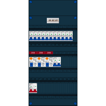 Schotman Elektro B.V. - SEP FS63A, 1xHoofdschakelaar, 3xAardlekschakelaar-Type B, 11xInstallatieautomaat, 1xFornuisgroep, 1 Fase